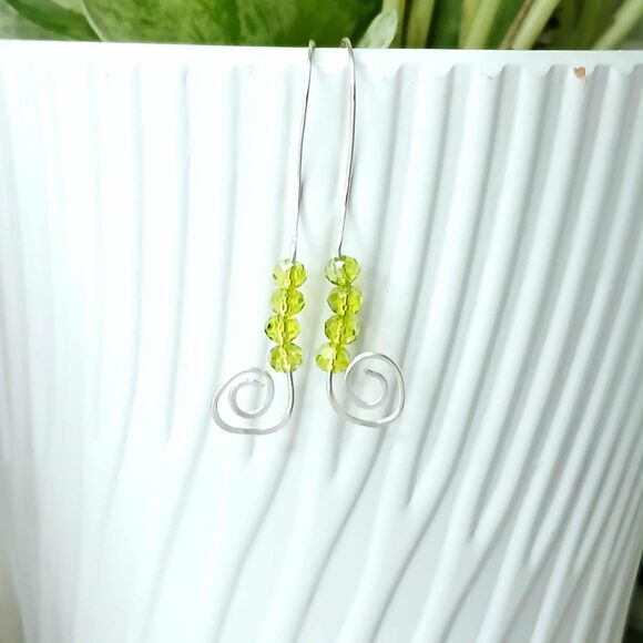 Hammered Beaded Dangle Earrings, Faceted Green Glass, 1.75" - Picture 3 of 3